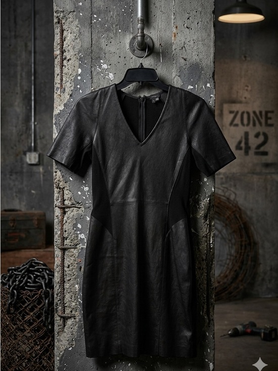 Theory Dresses & Skirts - Theory Black Lambskin Leather V-Neck Short-Sleeve Dress